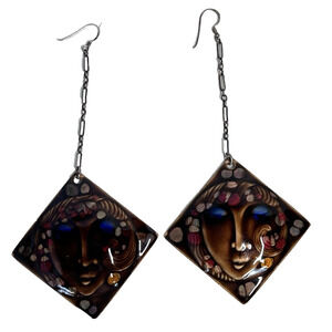 Vintage Art Deco Dangle Earrings Lady Face 2" Square Statement Collector #3B